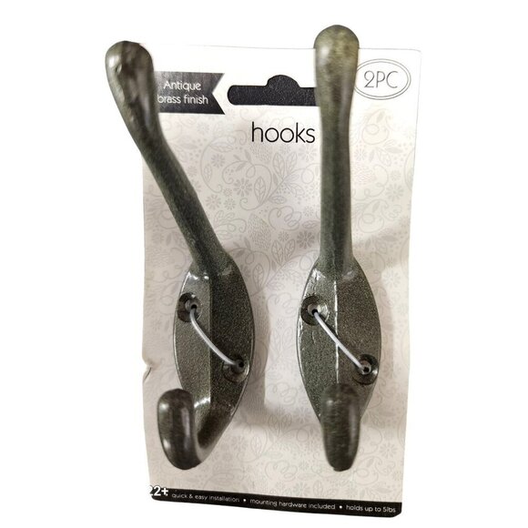 Coat Hat Wall Hooks Set Of 2 With Mounting Hardware Olive Green Metal Finish - Picture 1 of 8